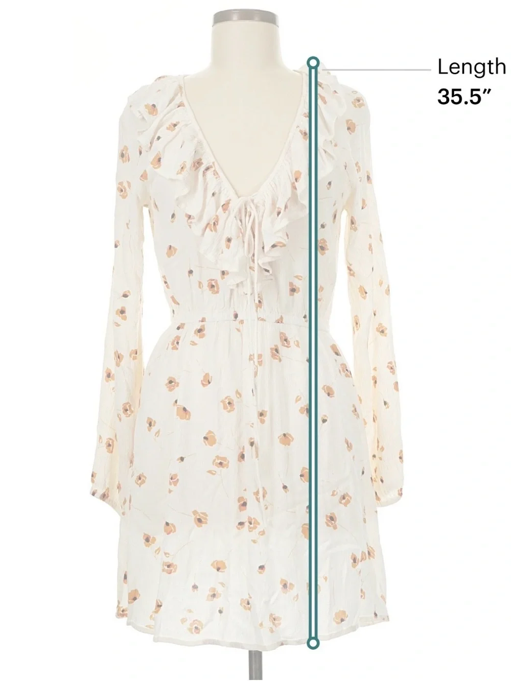 Billabong Cream Long Sleeve Ruffle V-Neck Dress with Yellow Floral Print